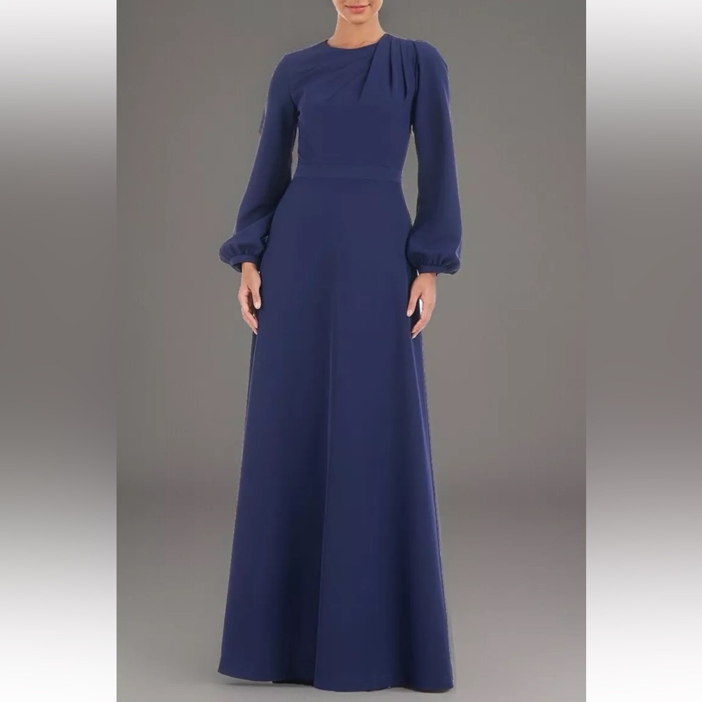 NWT KAY UNGER Sz 4 Navy Long Balloon Sleeve Full-Length Formal Sheath Dress - Picture 1 of 16